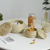 Cesta de almacenamiento de paja cesta tejida de pasto marino con tapa cesta de almacenamiento redonda joyero de escritorio estilo pastoral cesta de almacenamiento de ratán
