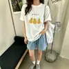 Camiseta Branca de Algodão Puro Estilo Coreano de Manga Curta para Mulheres, Camiseta Solta de Meia Manga para o Verão, Top Fino com Estampa de Pera e Letras