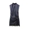 Estilo Novo Primavera e Outono Vestido Mini Feminino Sem Mangas Pulôver Renda Textura de Cetim de Seda Estilo Transfronteiriço Europeu e Americano Novo Modelo