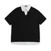 Camisa Polo Patchwork Listrada Falsa de Duas Peças Masculina Verão Moda de Rua Europeia e Americana Ins Solta Casual Gola Reversível Manga Curta