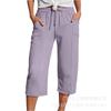 Amazon Wish Transfronterizo Moda Femenina Europea y Americana Color Sólido Algodón y Lino Holgado Cordón Pantalones Casuales Acortados de Pierna Ancha para Mujer