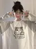 Camiseta Divertida com Estampa de Gatinho Costura em Cor Contrastante Gola Redonda Manga Longa para Mulheres 2025 Nova Moda Versátil Casual Top Ins