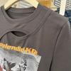 Camiseta de manga corta con estampado vintage de estilo americano para mujer, moderna camiseta de verano con diseño calado único.