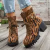Botines Cortos de Tacón Alto con Estampado de Leopardo y Encaje para Mujer, Exportación Transfronteriza, Tacón Grueso, Talla Grande, con Cordones, Nuevo Invierno 2025