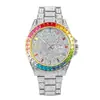 Lujoso reloj de cuarzo dorado con bisel de diamantes arcoíris completo, moderno y a la moda reloj de pulsera con diamantes, calendario impermeable, reloj con correa de acero