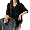 Camiseta Elegante Plus Size com Fenda e Decote V de Manga Curta para Mulheres, Novo Estilo Verão 2026, Caimento Solto, Emagrecimento, Cobre Gordura Corporal, para Mulheres Plus Size