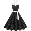 Foto Real do Popular Vestido Vintage Estilo Hepburn com Gola Halter Estampado e Saia Evasê no Aliexpress