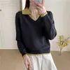 Suéter de Estilo Europeo de Alta Gama en Color Verde con Cuello Camisero para Mujer, Tejido de Punto Falso de Dos Piezas con Bloques de Color, Prenda Interior tipo Polo Holgada con Cuello en V para Otoño e Invierno