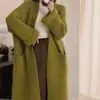Suéter feminino de malha grossa para outono e inverno com bolsos duplos, cardigã casual e descontraído de comprimento médio estilo coreano, caimento solto