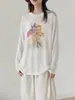 Camisa de Tencel con Estampado Retro Protección Solar Mujer Verano Ligera Ligeramente Transparente Manga Larga Camiseta Holgada Perezosa Cubre Aire Acondicionado Blanco