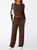 Amazon 2026 Novo Conjunto Casual de Moda Cruzada Europeia e Americana Esportivo Yoga Outono Inverno Cor Sólida Gola Redonda Manga Longa Roupa Feminina