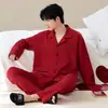 Pijama masculino, gaze de algodão puro, manga longa, calça comprida, estilo frontal aberto, vermelho, festivo, simples, roupa casual para o ano do zodíaco