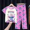 Comercio Exterior Pijamas Infantiles Primavera y Verano Manga Corta Pantalones Trajes para Niños Dibujos Animados Lindo Stitch Ropa de Casa para Niñas Ola