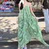 Atuendo de Viaje para Yunnan para Mujer Vestido Retro Verde Floral de Tirantes Estilo Vacaciones Holgado Línea A Vestido de Playa Verano