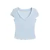 Camiseta de Manga Corta con Cuello en V Estilo Puro Deseo Tencel Estilo Verano Lisa Modelo Básico Colores Macarrón Corte Ajustado Top Base Corto