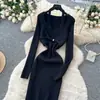 Elegante Vestido de Punto con Cuello en V para Mujer 2026 Otoño Adelgazante Manga Larga Estilo Perezoso Suave Falda Larga