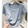 Camiseta Morada de Algodón Puro con Cuello Cuadrado, Corte Entallado, Manga Corta para Mujer, Nueva Llegada de Verano, Color Sólido, Cintura Ceñida, Corta, Hombro Normal