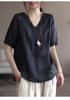 Camisa de Algodón y Lino de Manga Corta para Mujer Verano Retro Literario Bordado Talla Grande Suelta Lino Manga Media