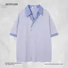 Camisa Polo de dos tonos, estilo dos piezas, con cuello en V para hombre, diseño de moda de verano con un ambiente casual, camiseta de manga corta con cuello camisero de rayas verticales