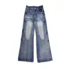 Design Original Estilo Americano Retrô Calça de Perna Larga com Barra Coberta azul claro Jeans Reto Solto Lavado Tendência Nova Feminina