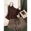 Pijama camisola cor café Melard para mulheres, estilo verão com bojos, shorts listrados, corte justo, pode ser usado fora de casa, conjunto para casa