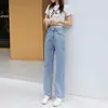 Jeans de Cor Clara Wide Leg Feminino Nova Coleção Primavera Slim All-match Estilo Coreano Solto Cintura Alta Reta Longo Calças Tendência