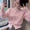 Cardigã de tricô redondo com contas pesadas, estilo coreano, suave e elegante, para mulheres, casaco suéter de pelo sintético tipo mink versátil para outono e inverno