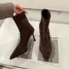 Botines de Tacón Alto Puntiagudos Marrones para Mujer 2026 Otoño/Invierno Nuevos Versátiles Estilo Coreano Botas Elásticas de Tacón de Aguja Botas Adelgazantes de Gamuza