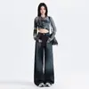 Calça Jeans Wide Leg com Degradê Azul Escuro para Mulheres, Novo Estilo de Verão, Cintura Alta, Caimento Solto, Estilo Americano, Caimento Relaxado, Perna Reta, Calça Comprida