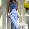 Vestido Blanco Retro Francés Fuera del Hombro Ajustado Cintura Ajustada Plisado Abertura Lateral Sexy Falda Slip para Mujer