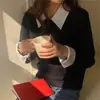 Cuello de camisa de retazos estilo coreano 2026 nuevo suéter de punto otoño e invierno camisa base elegante top pullover de dos piezas falso