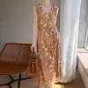 Vestido Largo sin Mangas Floral Verde Retro Francés para Mujer, Verano Ceñido a la Cintura Adelgazante Elegante en Naranja
