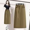 Plus Size Fat mm Design Único Cintura Alta Saia com Tiras Feminina Outono Nicho Fenda Elegante Look Emagrecedor Saia