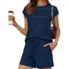 Verano 2026 Nuevo Amazon Comercio Transfronterizo Moda Europea y Americana Rayas Casual Top y Shorts Conjunto de Color Sólido para Mujer