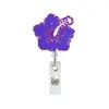 Porta-crachá de acrílico com glitter de flor de hibisco colorida, carretel retrátil para crachá, clipe de jacaré, fivela de puxar fácil, presente