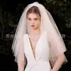 Velo de novia para boda velo principal de boda vestido de novia principal velo abullonado de doble capa blanco francés simple corto accesorios para el cabello de perlas hechos a mano