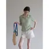 Camisa de Punto Ligera Color Verde Claro con Cuello Polo de Manga Corta Estilo Old Money para Mujer, Top Corto Transpirable de Seda de Hielo Hueco para Verano, Ajuste Delgado Elegante