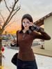 Camiseta de Manga Larga con Cuello Polo de Estilo Retro Francés Falso de Dos Piezas con Costuras a Cuadros para Mujer Otoño e Invierno Ajustada Top Base Interior