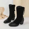 Otoño 2026 Nuevo Tallas Grandes Transfronterizo Tacón Grueso Media Pantorrilla Botas de Moda para Mujer Retro Punta Fina Estampado de Leopardo Tacón Medio Botas de Monta para Mujer