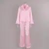 2026 exclusivo transfronteiriço europeu e americano roupa de casa renda cadarço babados manga longa calça longa conjunto de duas peças pijama de cetim seda gelada para mulheres