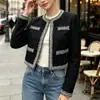 Estilo Lujo Francés Pequeño Chaqueta Corta de Tweed Negro Mujer Primavera Otoño Cuello Redondo Ribete de Bloque de Color Socialité de Alto Nivel