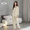 Pijama feminino de algodão puro com mangas compridas, novo estilo, cardigã de gola redonda, para primavera e outono, mães de meia-idade, conjunto de roupa para casa, pode ser usado ao ar livre