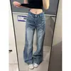 Jeans retro americanos azul lavado para hombre y mujer, corte holgado, patrón de rayo tie-dye, ligeramente acampanados, adelgazantes, pierna ancha, pantalones largos hasta el suelo para verano