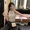 Playera Vintage con Lazo y Cuello Hueco de Manga Corta para Mujer, Sexy, de Chica Caliente, Corta, Básica, Interior, Ajustada para Mujer