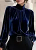 Ropa Femenina Transfronteriza Europea y Americana 2026 Camisa de Terciopelo Retro Francesa Cuello Alto Mangas Abullonadas Manga Larga Elegante Top para el Trabajo