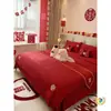 Juego de Cuatro Piezas Rojo Estilo Chino de Algodón de Fibra Larga de 160 Hilos con Jacquard de Rosa 100% Algodón para Ropa de Cama de Novia y Novio