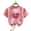 Playera de Manga Corta de Algodón Puro para Niñas Mayores, Nueva Moda de Verano, Top Rosa Trendy para Niñas