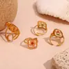Pulseira de Temperamento Retro de Nicho Europeu e Americano Aço Inoxidável Banhado a Ouro 18K Padrão Martelo Anel Aberto Oval Transparente Flor