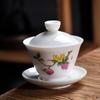 Taza de Té con Tapa de Porcelana de Jade Blanco Taza de Té de Cerámica Azul y Blanca Pintada a Mano de Dehua Juego de Té Kung Fu Jade de Sebo Té Taza de Tres Talentos
