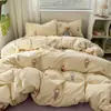 Juego de cuatro piezas de gasa de doble capa Clase A con estampado floral fresco para cama, sábana bajera, funda de edredón, juego de tres piezas para estudiante de dormitorio 4